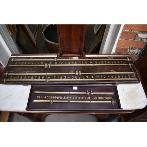 1163 - Two old mahogany billiards scoreboards, largest 82cm wide.