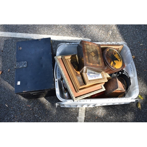 1042 - A mixed lot, to include: pictures; silver plate; wooden items and a black storage box. This lot can ... 