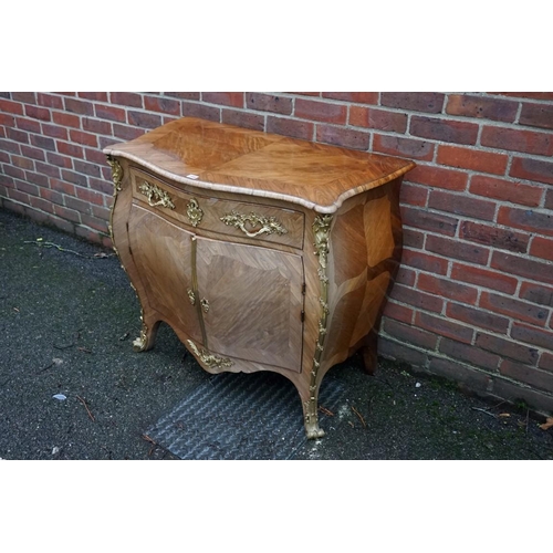 1446 - A Louis XV satinwood, kingwood and rosewood bombe commode, with gilt metal mounts, 97cm wide.... 
