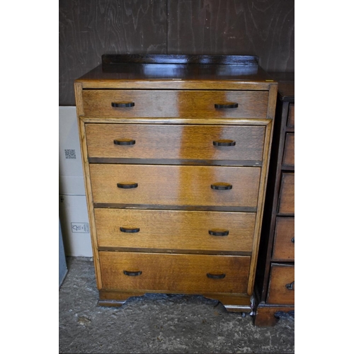 1000 - An old oak chest of five drawers, 73 wide x 43cm deep x 116cm high; together with a similar four dra... 