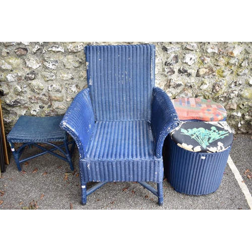1021 - A blue Lloyd Loom chair; together with two similar laundry baskets and a stool.