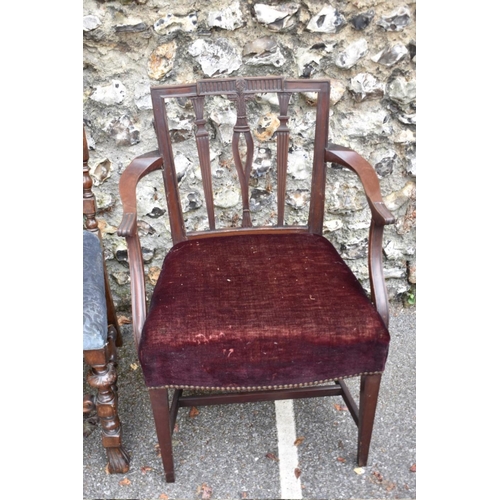 1025 - An antique mahogany nursing chair; together with a captains type chair and three others.