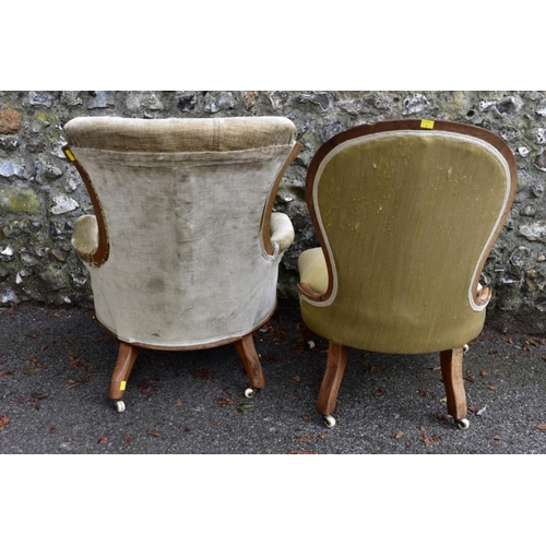 1026 - A Victorian button upholstered tub chair; together with a Victorian walnut nursing chair and a trump... 