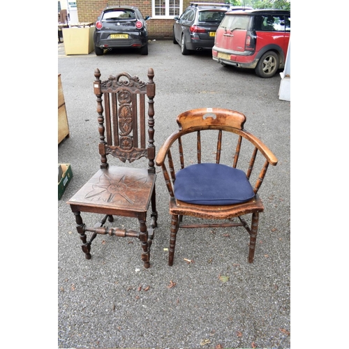 1027 - A circa 1880 carved oak chair; together with a desk type chair and an old trumpet work table. 