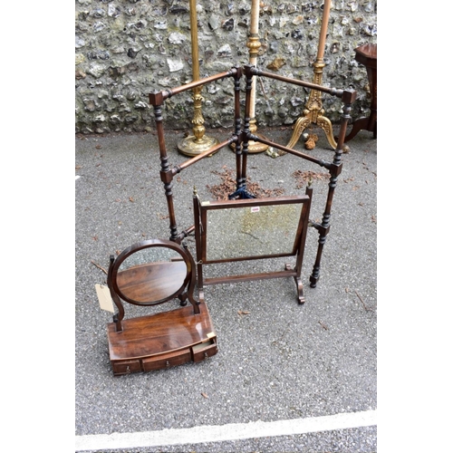 1045 - Two antique mahogany toilet mirrors; together with a towel airer. 