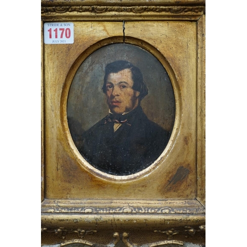 1170 - English School, mid 19th century, head and shoulder portrait of a gentleman, oil on board, 14 x 11.5... 