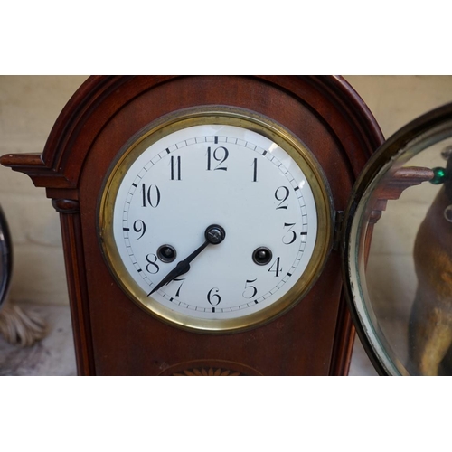1257 - An Edwardian mahogany and inlaid mantel clock, 31cm high. 