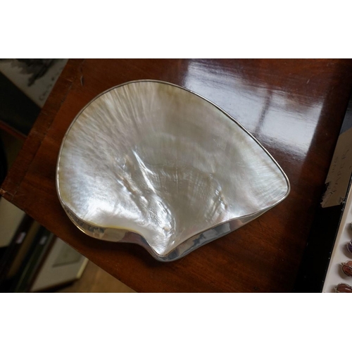 1370 - A mixed lot of electroplate and similar, to include a mother of pearl dish, 21.5cm wide; and va... 