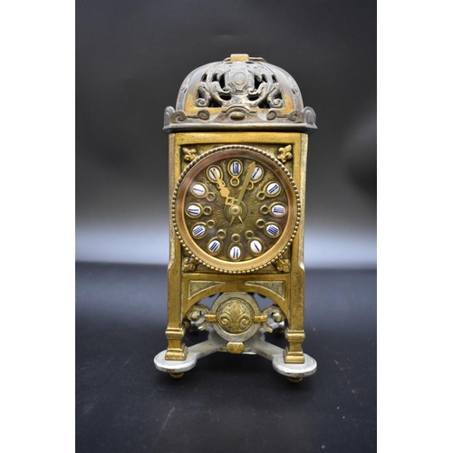 1505 - An unusual late 19th/early 20th century brass and plated metal clock garniture, height of clock... 
