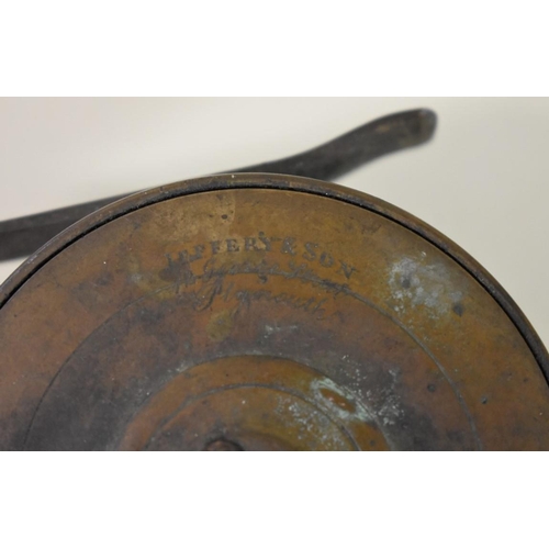 1735 - An antique brass fishing reel, inscribed 'Jeffery & Son, 12 George St, Plymouth'.... 