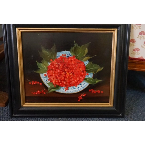 1788 - Mimi Roberts, still life of redcurrants in a tin glazed bowl; still life of gooseberries in a tin gl... 