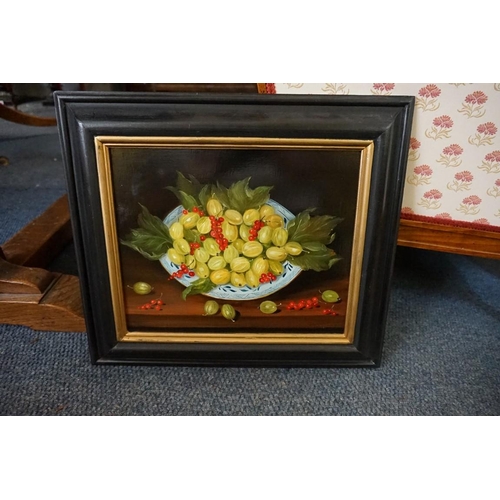 1788 - Mimi Roberts, still life of redcurrants in a tin glazed bowl; still life of gooseberries in a tin gl... 
