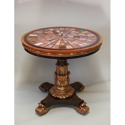 1650 - A good George IV specimen marble, amboyna, rosewood and carved giltwood circular occasional table, p... 