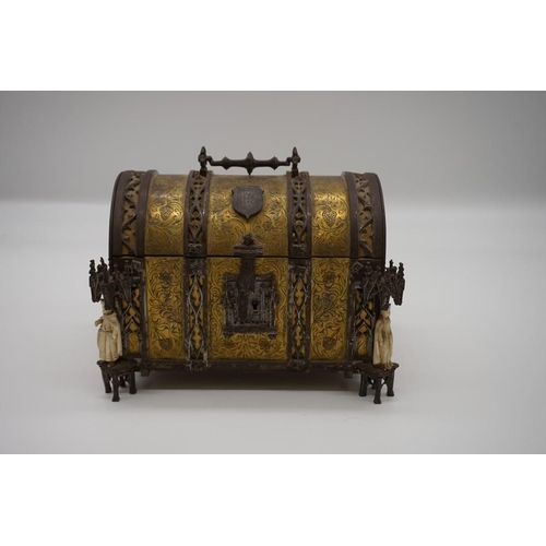 1671 - A good 19th century gilt brass, steel and ivory Gothic reliquary style casket, inscribed 'Alph, Ciro... 