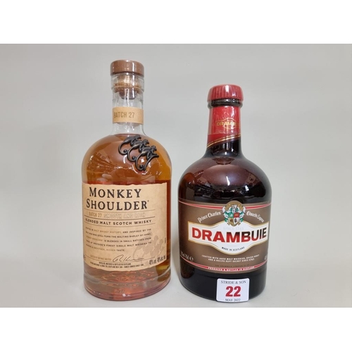 22 - A 70cl bottle of Monkey Shoulder 'Batch 27' blended whisky; together with a 70cl bottle of Drambuie ... 