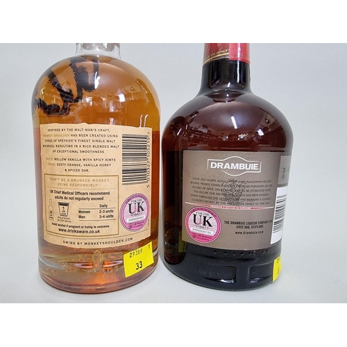 22 - A 70cl bottle of Monkey Shoulder 'Batch 27' blended whisky; together with a 70cl bottle of Drambuie ... 