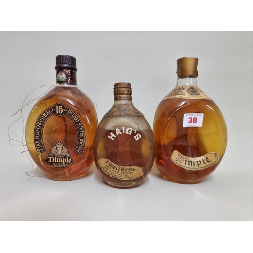 38 - Three bottles of Haig's Dimple blended whisky, comprising: a 75cl 15 year old; a 26 1/2 fl.oz exampl... 