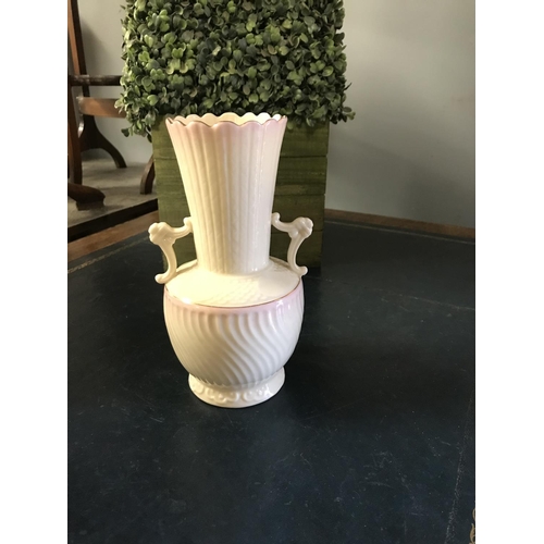 102 - Pink & white Beeleek vase with gold coloured backstamp...