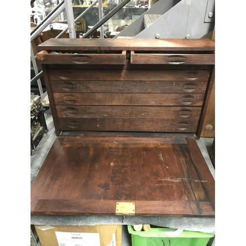 271 - Large vintage wooden 2 over 6 drawer carpenters chest. Does contain some tools. Width 29 inches x De...