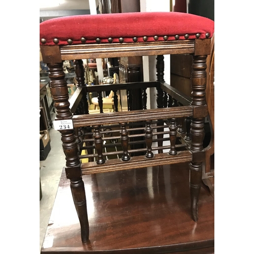234 - Lovely early stool with upholstered seat and bobbin turned detail and magazine or sheet music storag...
