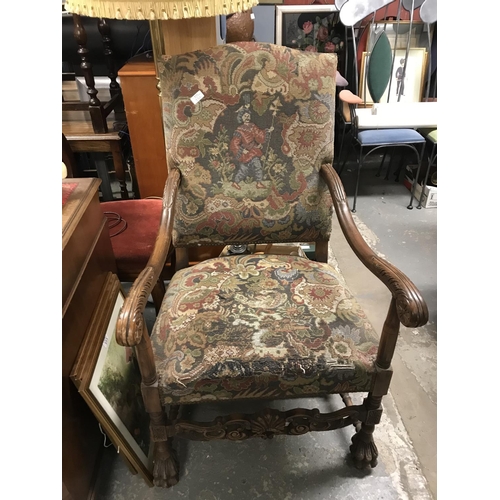 356 - Lovely early throne chair with tapestry detail upholstery - Collection only or buyer to arrange own ...