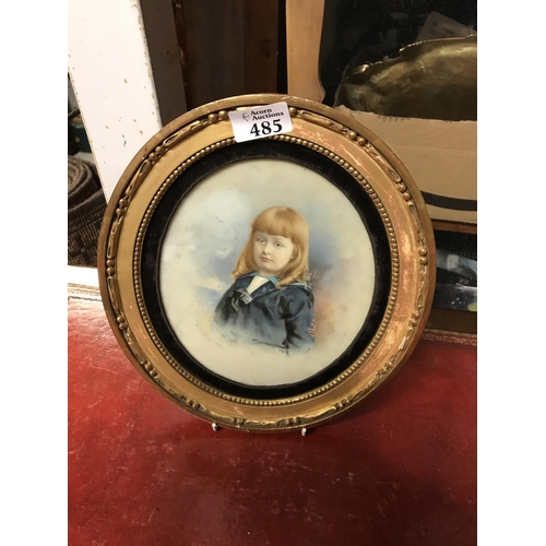 485 - Nice unusual oval F&G picture of a young girl wearing a military uniform - Signed & dated 1882...