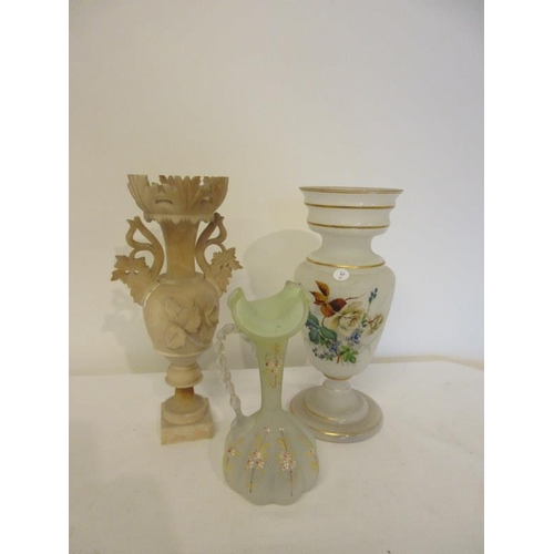 32 - Glass vase with painted decoration, alabaster vase and a decorative Victorian glass vase. (3)