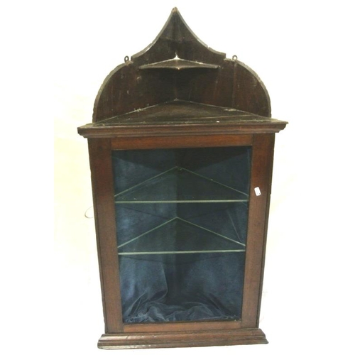 21 - Edwardian mahogany corner wall cabinet with shaped top and glazed shelving