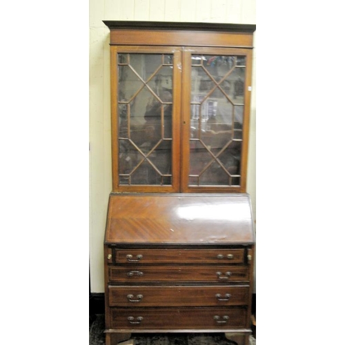 10 - Edwardian inlaid and crossbanded mahogany bureau bookcase with astragal glazed doors, shelved interi... 