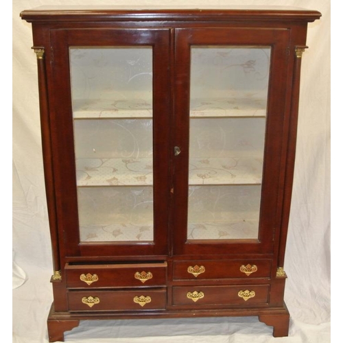 45 - Edwardian mahogany display cabinet with glazed doors, shelved interior, drawers under with brass dro... 