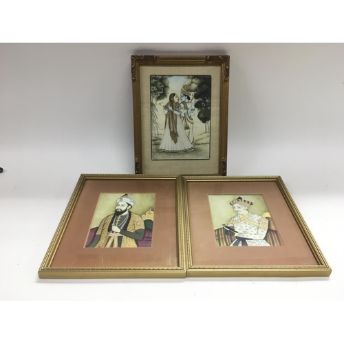 708 - Three framed and glazed Indian miniatures of figures painted on ivory, approx 17cm x 20cm.