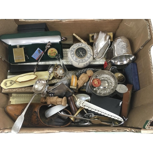 750 - A box of mixed items including treen, matchbox holders, slide rules etc.