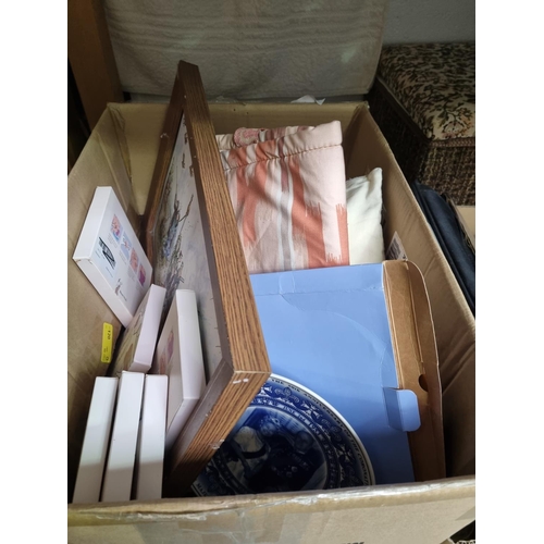40 - 2 boxes of odds   pictures,wedgewood plates and glassware,vases,records etc