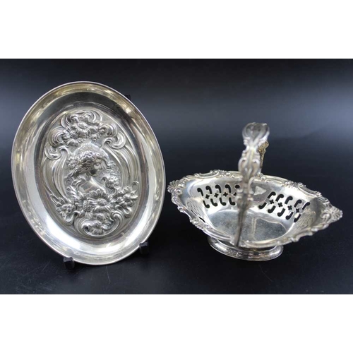 10 - A collection of silver miniatures, includes; two chairs, a table, a tray, and a swing handled basket... 