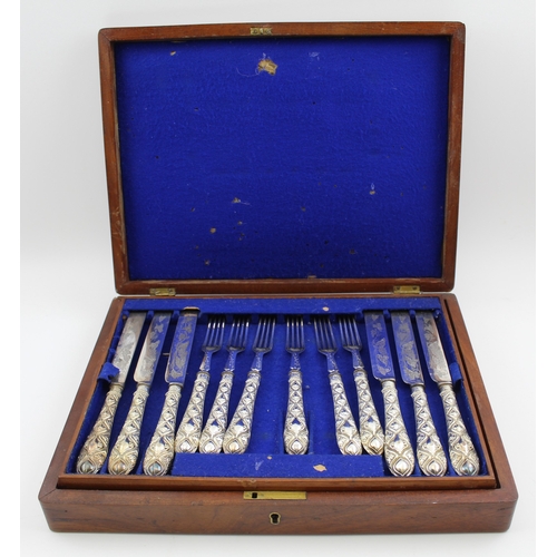 17 - A late Victorian mahogany cased canteen of silver plated dessert knives & forks for twelve place set... 