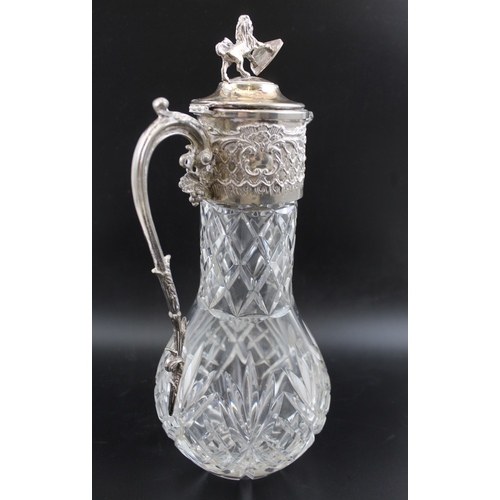 27 - An early 20th century cut glass claret jug, the silver plated collar, with Bacchus spout, decorative... 