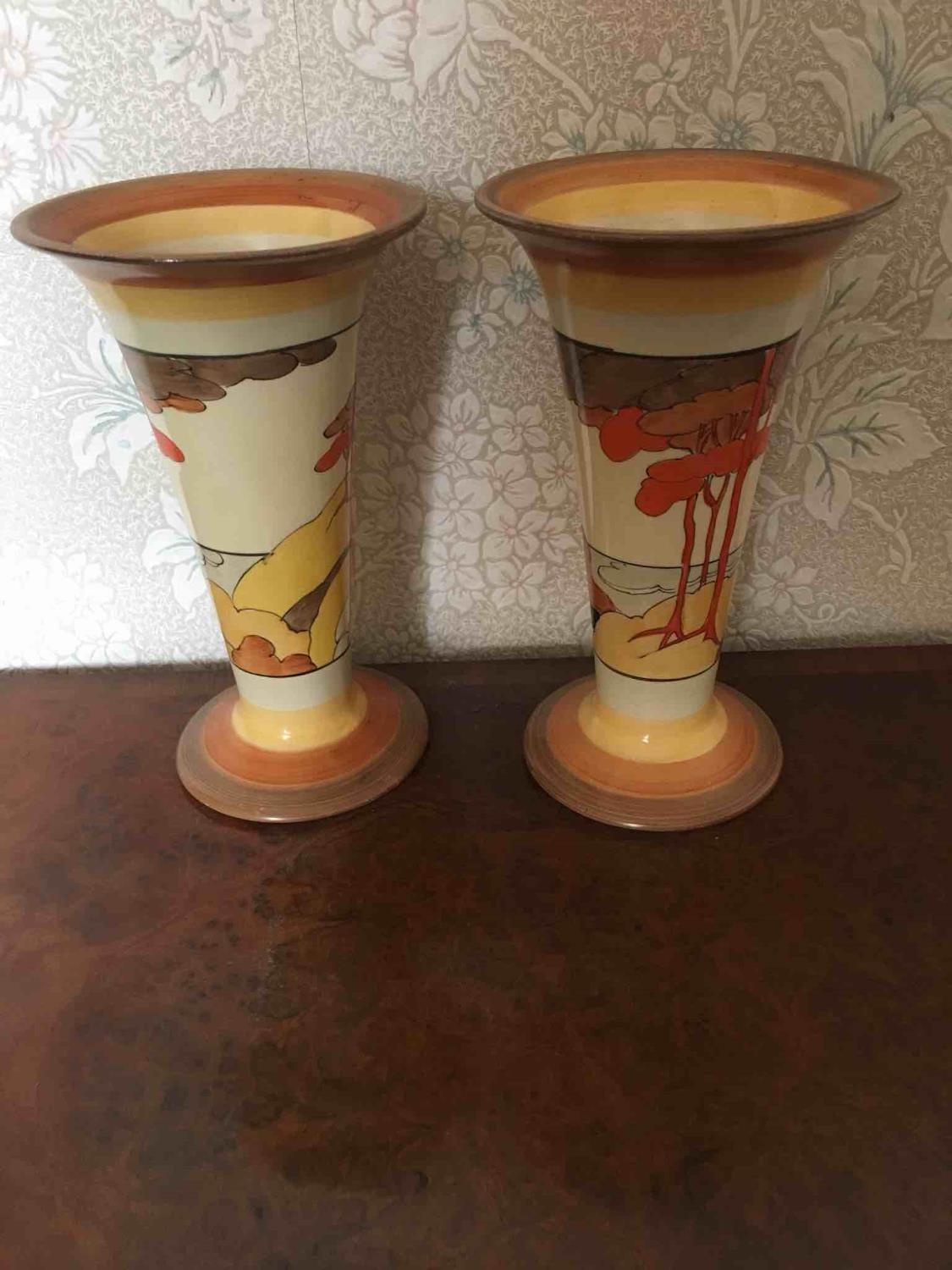 Pair Of Clarice Cliff Bizarre Hand Painted Vases Height 8