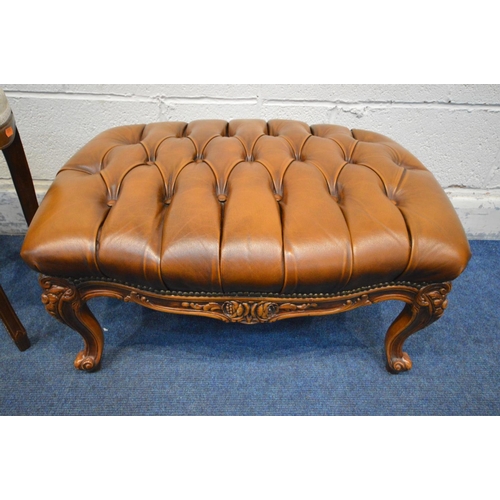 A REPRODUCTION HARDWOOD BUTTONED TANNED LEATHER FOOT STOOL