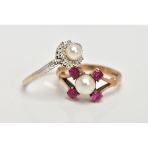 13 - TWO CULTURED PEARL RINGS, one 9ct white gold ring set with a singular cultured pearl, measuring appr... 