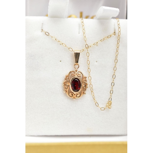 24 - TWO NECKLACES AND A BAR BROOCH, to include a bezel set oval cut garnet in an open work scroll detail... 