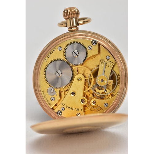 5 - A 9CT GOLD OPEN FACE POCKET WATCH, white dial signed 'J.W.Benson, London', Roman numerals, seconds s... 