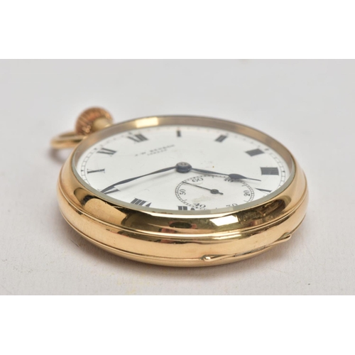 5 - A 9CT GOLD OPEN FACE POCKET WATCH, white dial signed 'J.W.Benson, London', Roman numerals, seconds s... 