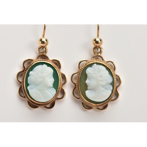 54 - A PAIR OF 9CT GOLD CAMEO DROP EARRINGS, each set with a green and white oval cameo depicting a lady ... 