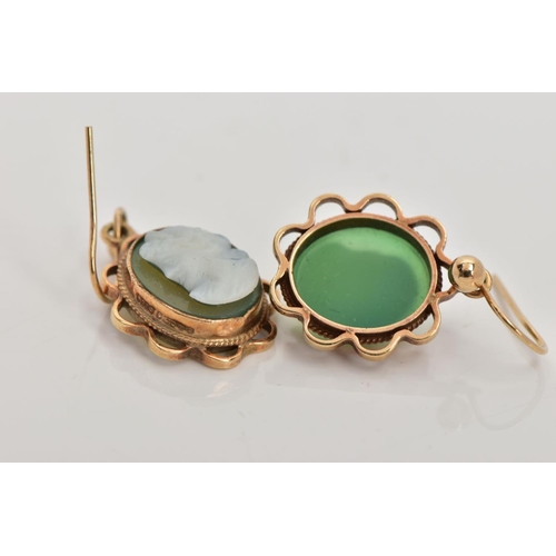 54 - A PAIR OF 9CT GOLD CAMEO DROP EARRINGS, each set with a green and white oval cameo depicting a lady ... 