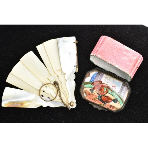 16 - A BILSTON ENAMEL BOX AND A VICTORIAN DANCE CARD FAN, the box featuring a painted cock fighting scene... 