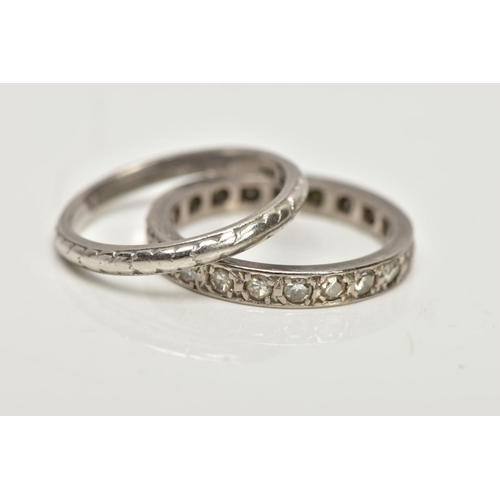 57 - A WHITE METAL SINGLE CUT DIAMOND FULL ETERNITY RING AND A WHITE METAL FOLIATE BAND RING, the first e... 