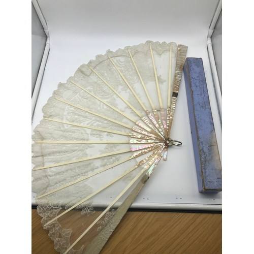 124A - Antique ladies mother of pearl and lace hand held fan with original box. A/F