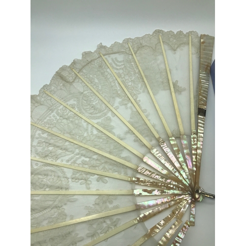 124A - Antique ladies mother of pearl and lace hand held fan with original box. A/F