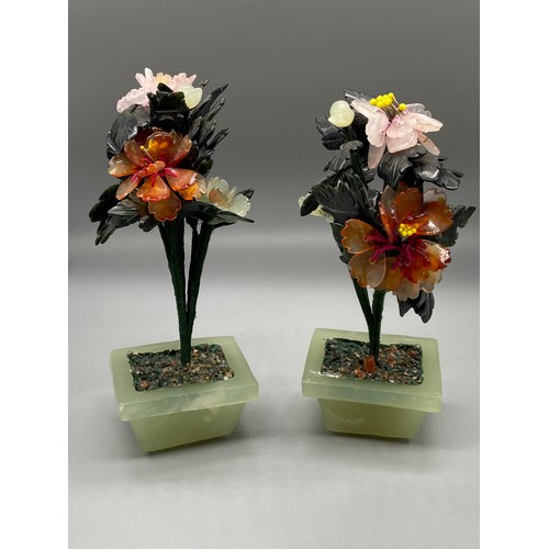 98 - A Pair of Chinese Jade and hardstone flowers in pots. [13.5cm in height]