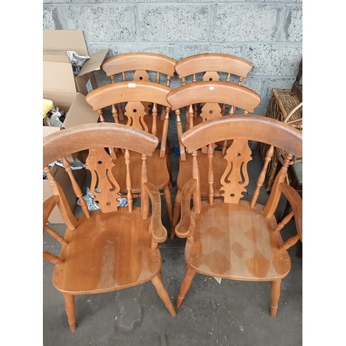 1 - 6 Pine farmhouse chairs with decorative backs includes carvers